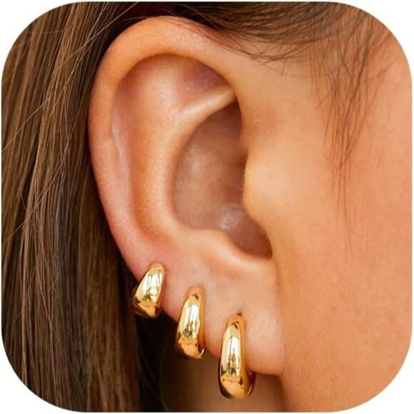 Small Chunky Hoops Huggie Earrings Set for Women Thick Hoop Earrings Stacks - Picture 1 of 8